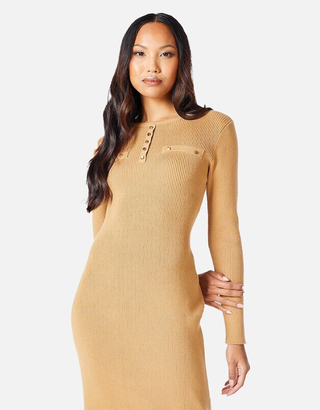 Womens/Ladies Knitted Ribbed Button Detail Midi Dress