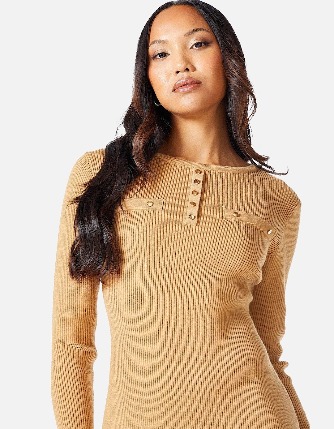 Womens/Ladies Knitted Ribbed Button Detail Midi Dress