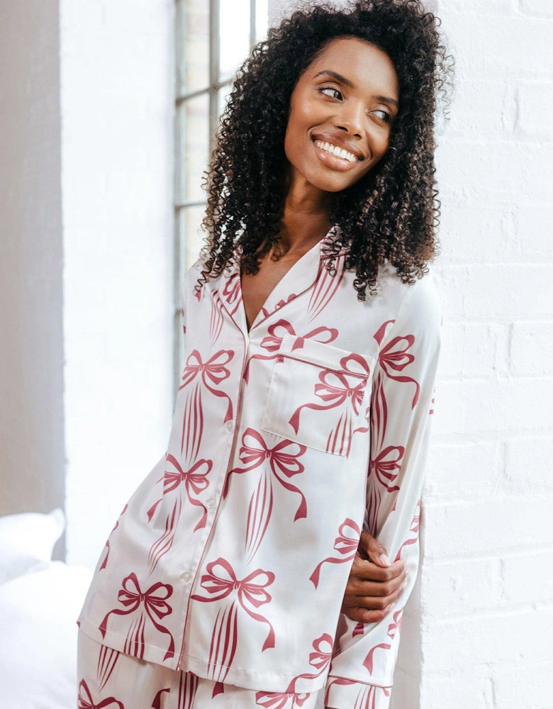 Satin Christmas Ribbon Bow Print Long Pyjama Set