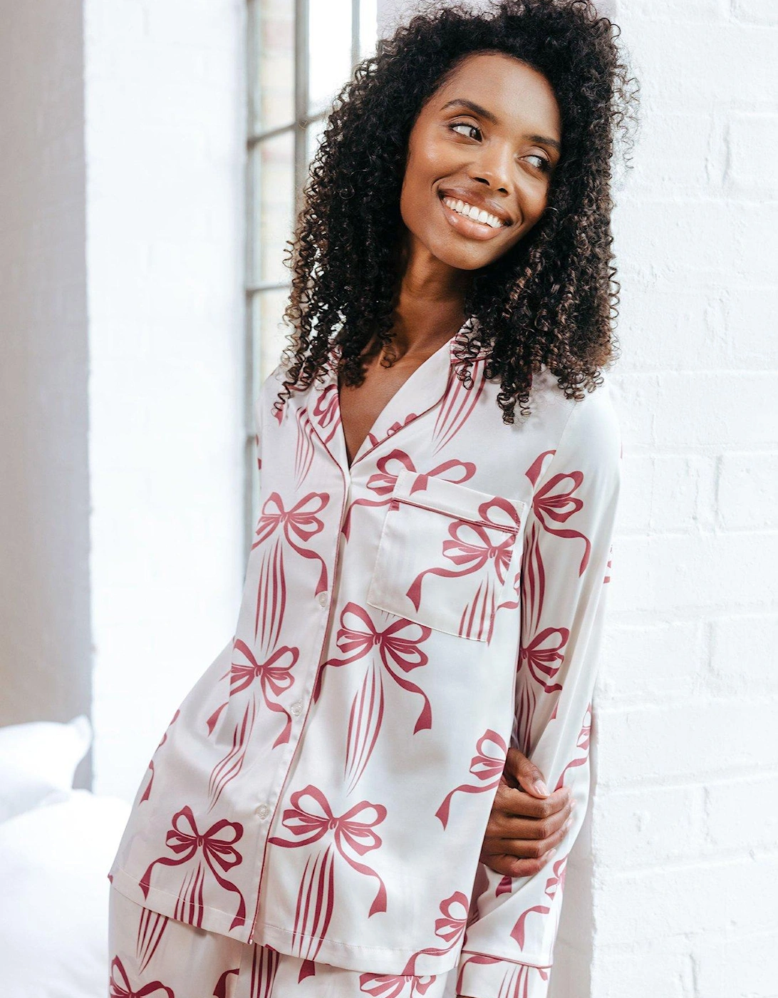 Satin Christmas Ribbon Bow Print Long Pyjama Set, 2 of 1