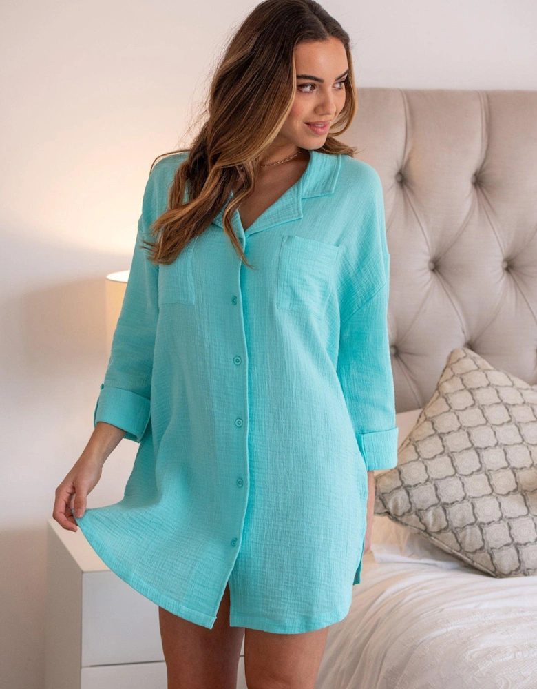 Woven Double Cloth Revere Collar Oversized Shirt - Aqua