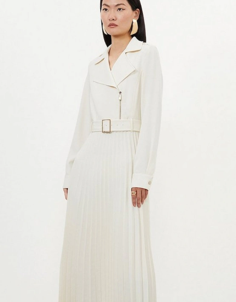 Tailored Crepe Belted Pleated Skirt Midi Shirt Dress