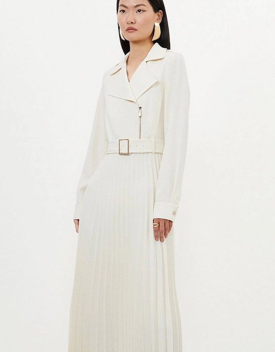 Tailored Crepe Belted Pleated Skirt Midi Shirt Dress, 5 of 4