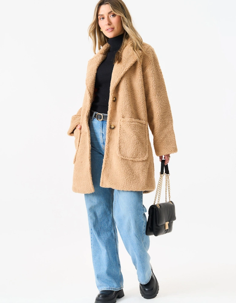 Camel Faux Fur Longline Teddy Overcoat