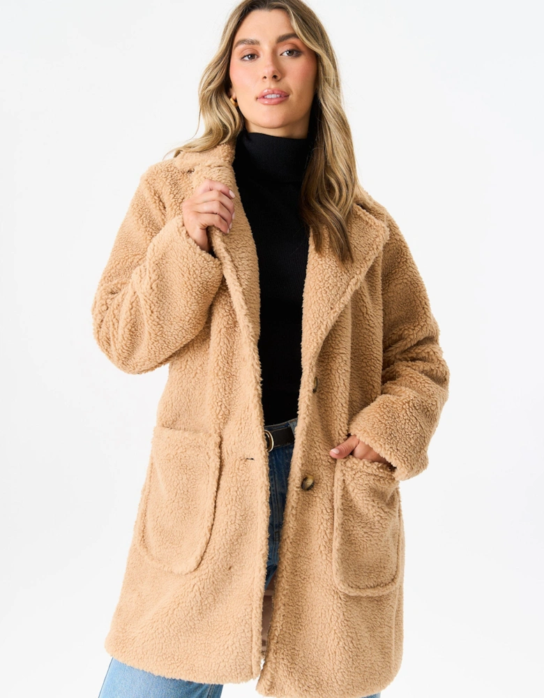 Camel Faux Fur Longline Teddy Overcoat