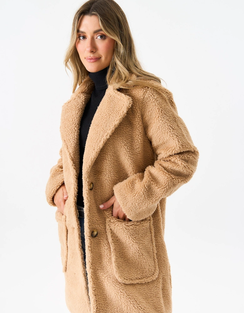Camel Faux Fur Longline Teddy Overcoat