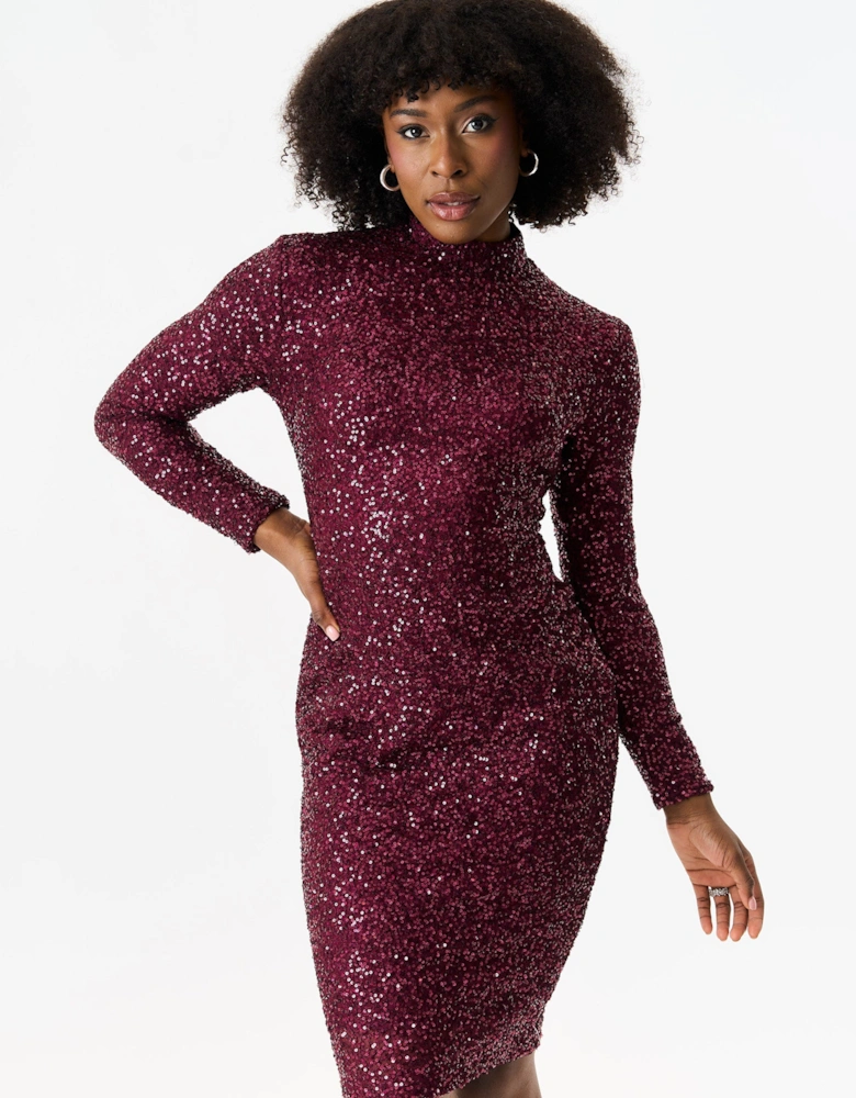Plum Sequin High Neck Bodycon Dress