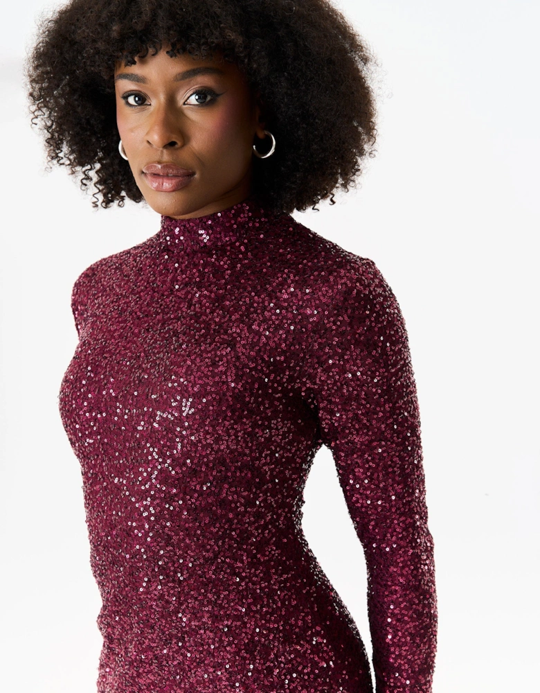 Plum Sequin High Neck Bodycon Dress