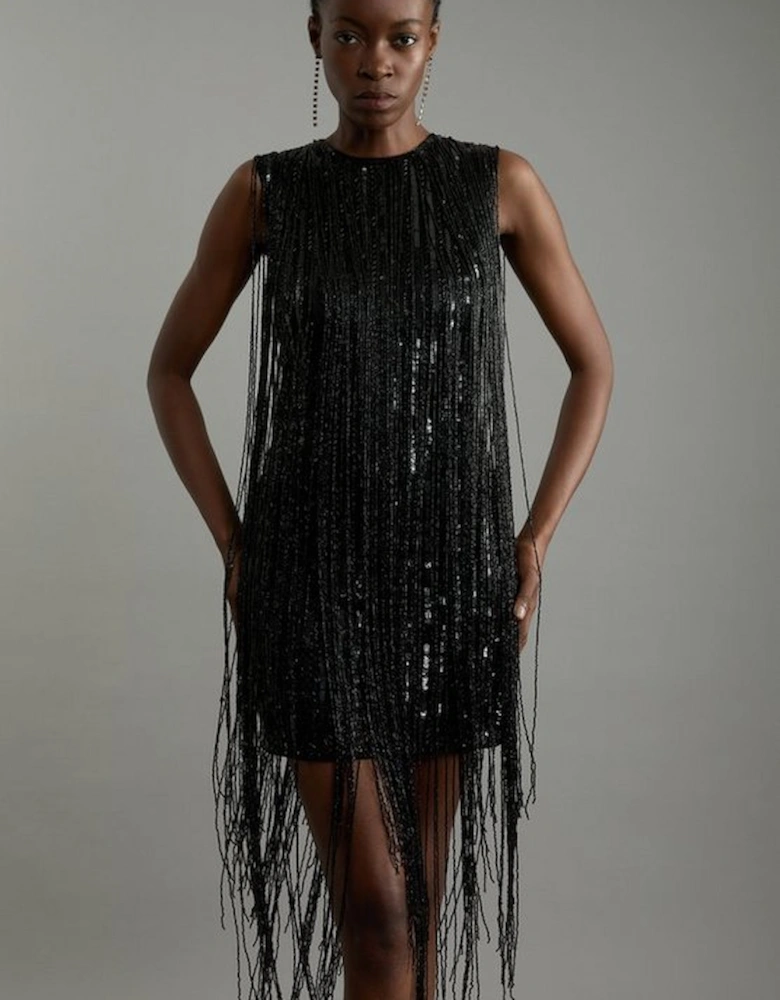 Beaded Fringed Sleeveless Woven Midi Dress