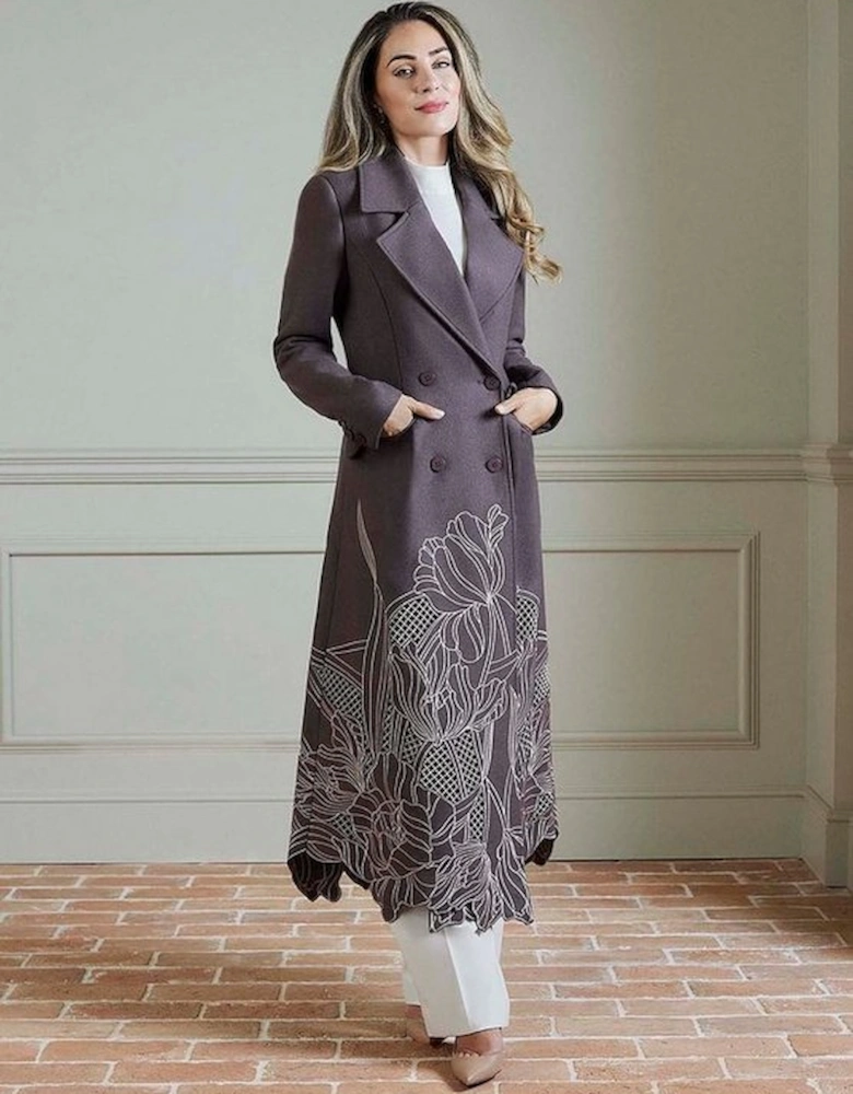 Lydia Millen Wool Blend Floral Cutwork Flared Skirt Midaxi Coat