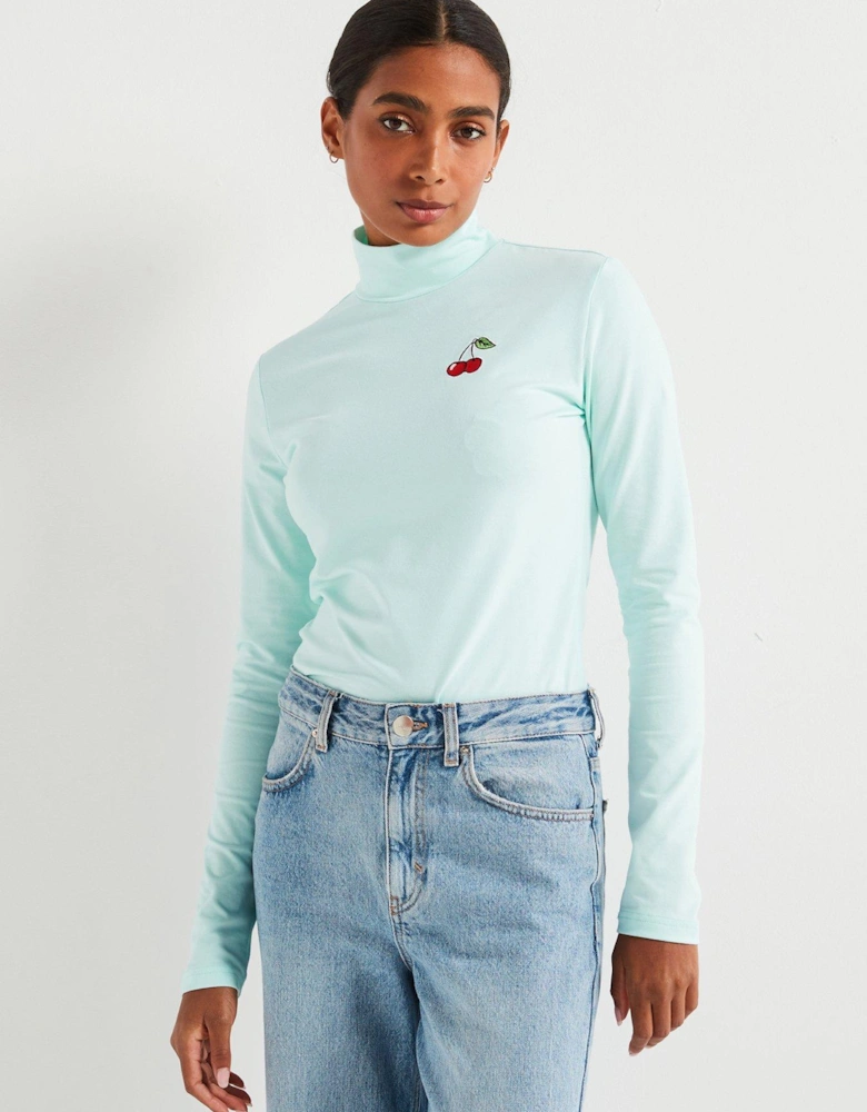 Cherry Long Sleeve Roll Neck Top - Green