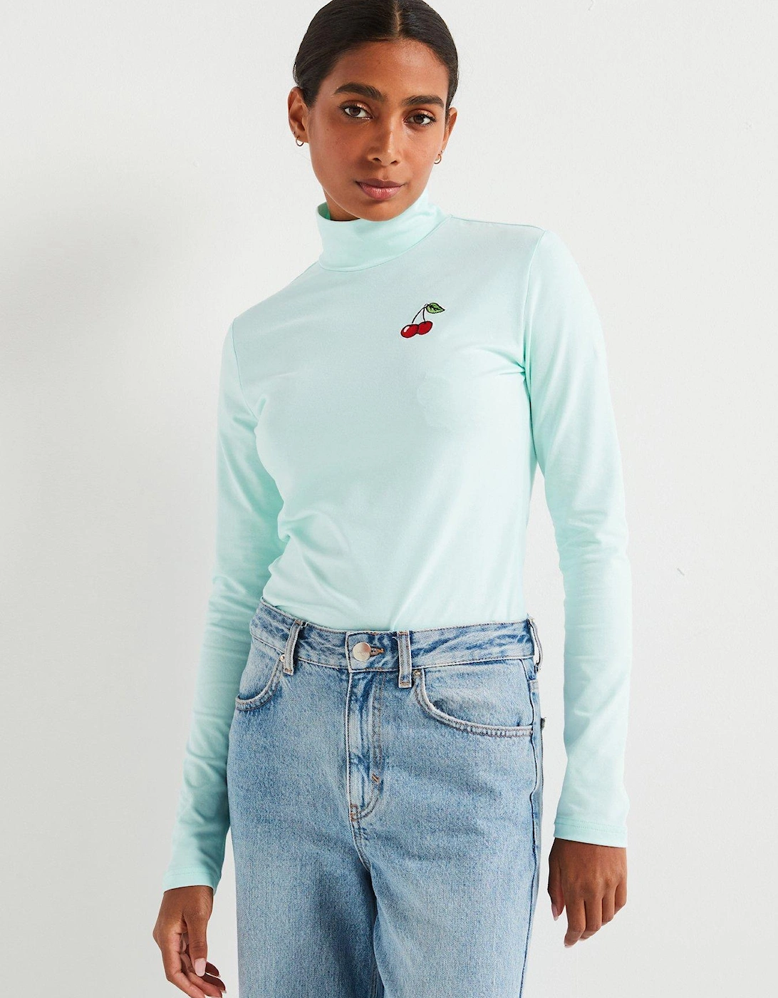 Cherry Long Sleeve Roll Neck Top - Green, 6 of 5