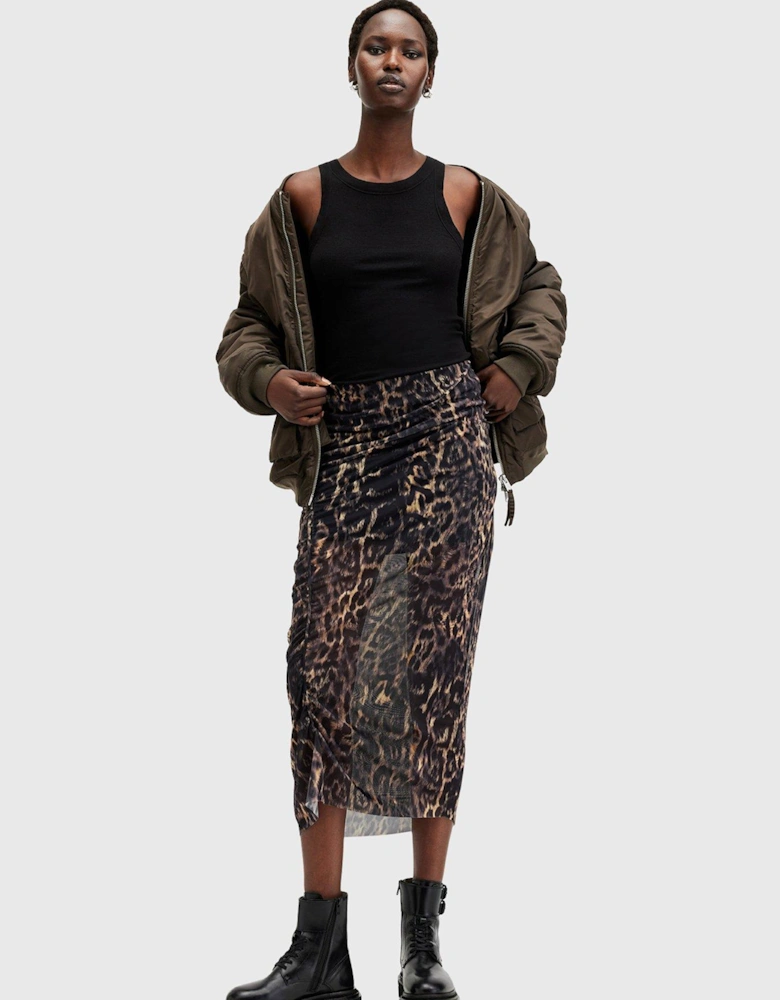 Nora Leopard Print Mesh Midi Skirt - Brown