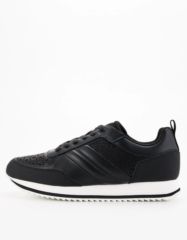 Low Top Mono Print Leather Runners - Black