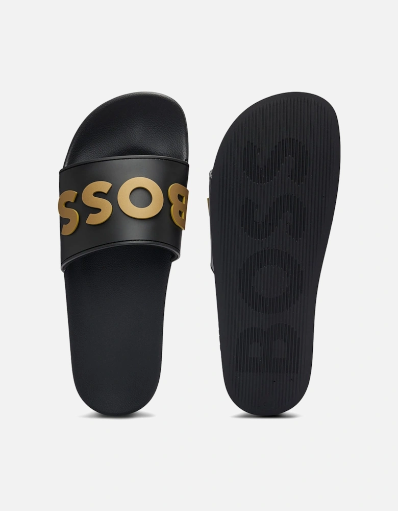 Italian-Made Raised Logo Sliders, Black/Gold