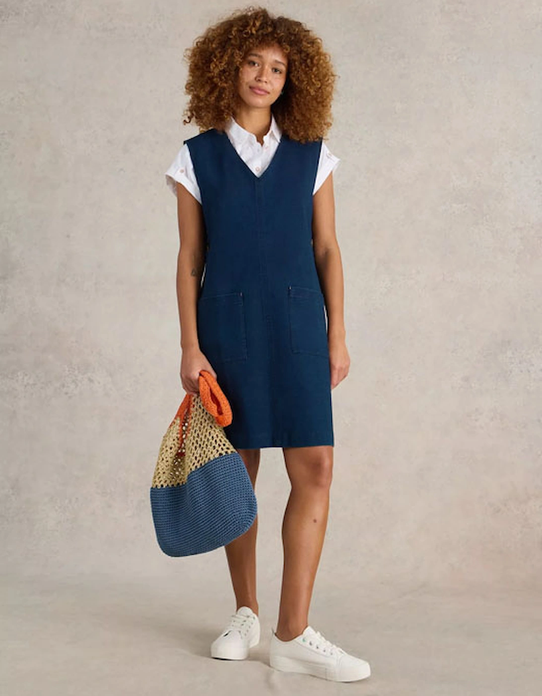 Women's Maple Denim Jersey Pinnafore Dress Mid Denim, 6 of 5