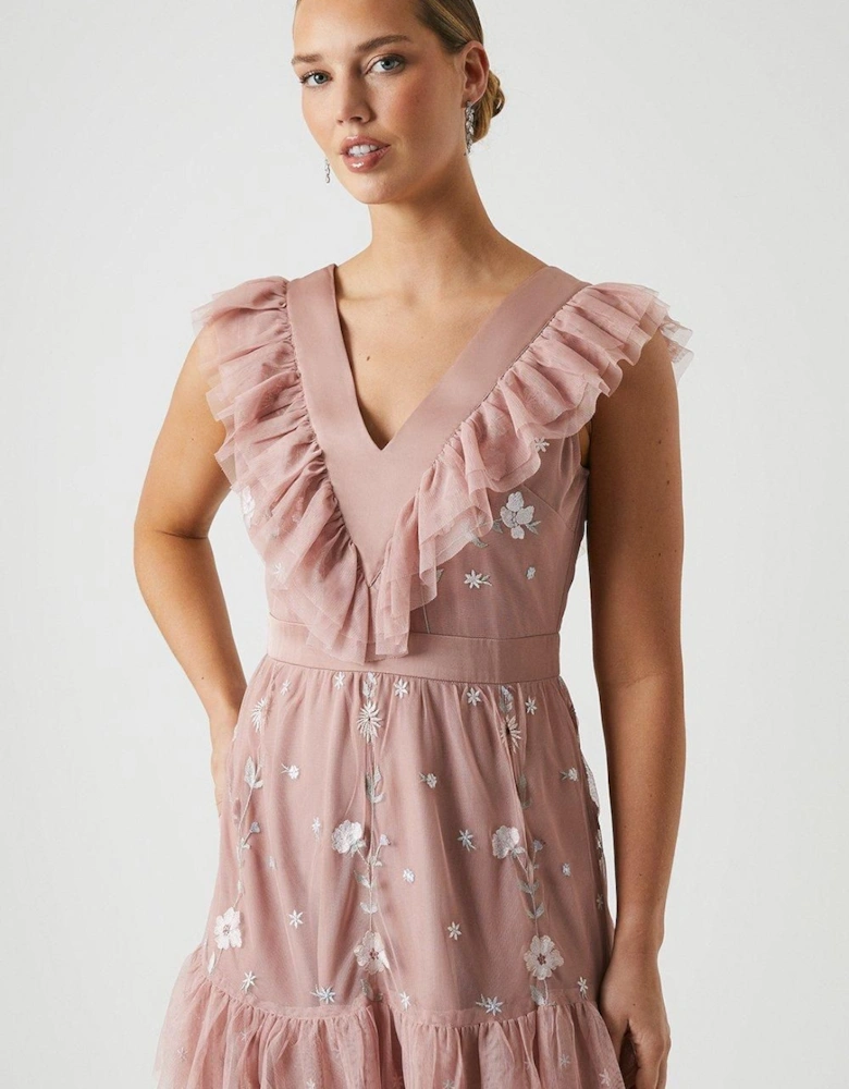 Embroidered Wildflower Mesh Bridesmaid Maxi Dress