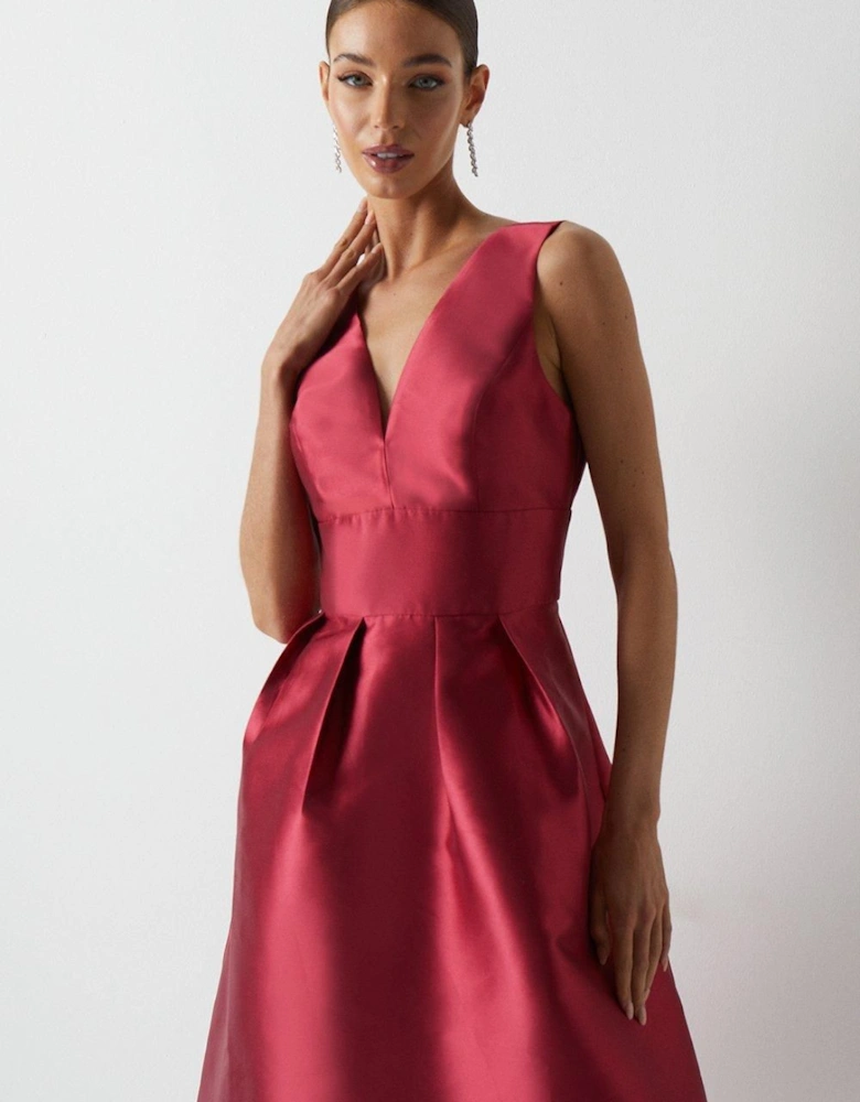 Plunge Neck Structured Twill Midi Bridesmaid Dress