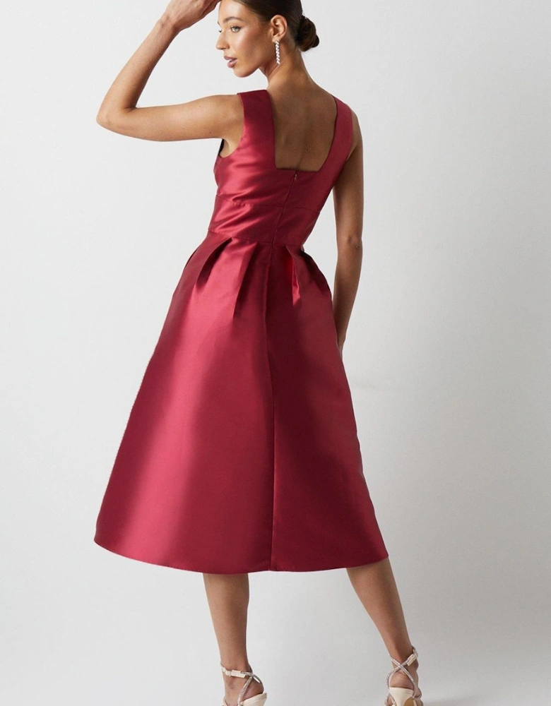 Plunge Neck Structured Twill Midi Bridesmaid Dress