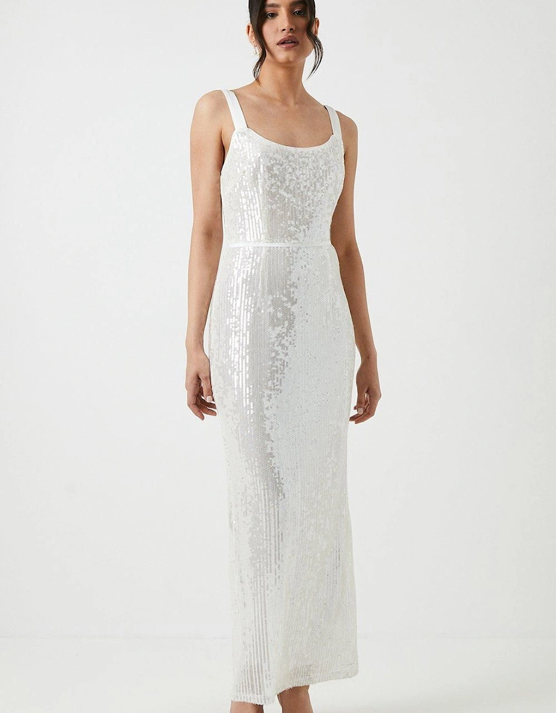 Tie Shoulder Sheer Sequin Column Wedding Dress, 6 of 5