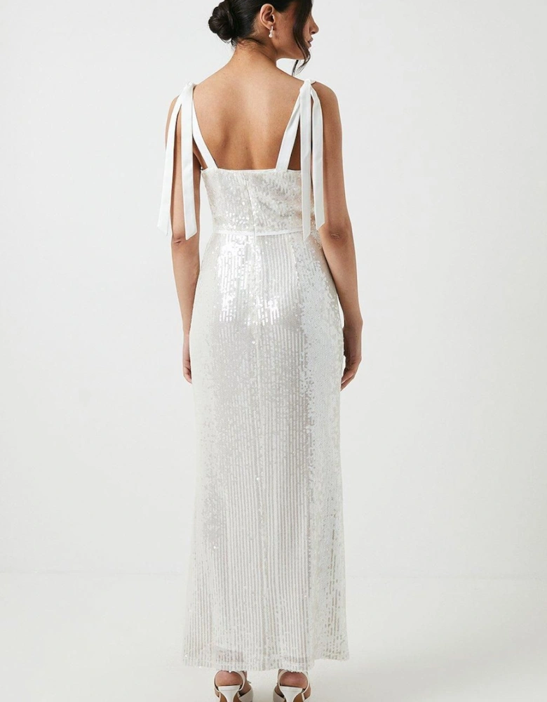 Tie Shoulder Sheer Sequin Column Wedding Dress