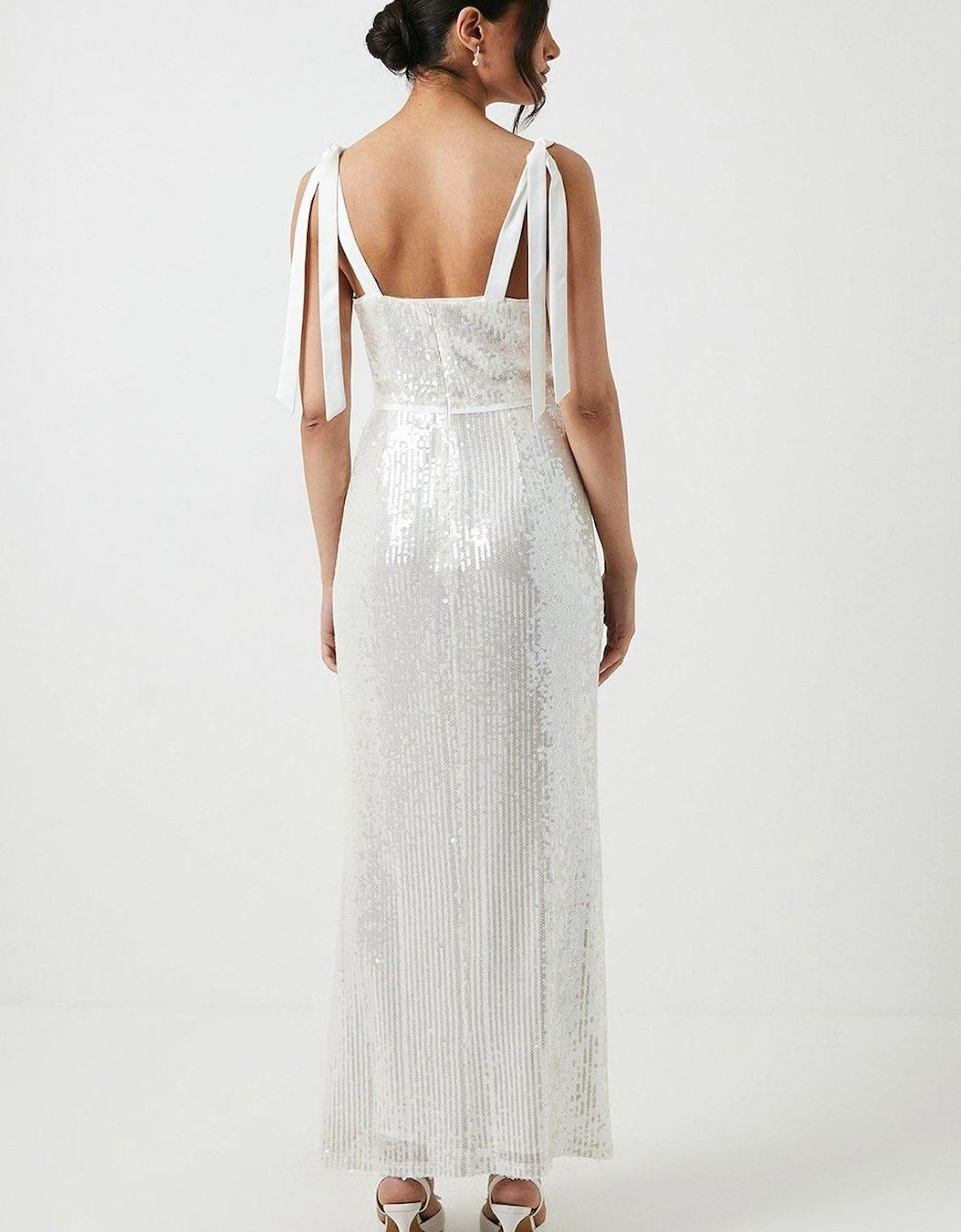 Tie Shoulder Sheer Sequin Column Wedding Dress