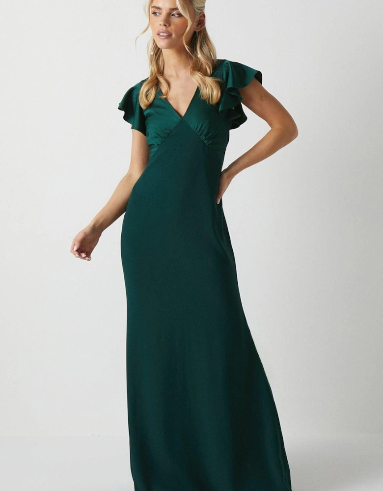 Petite V Neck Angel Sleeve Satin Bridesmaids Dress