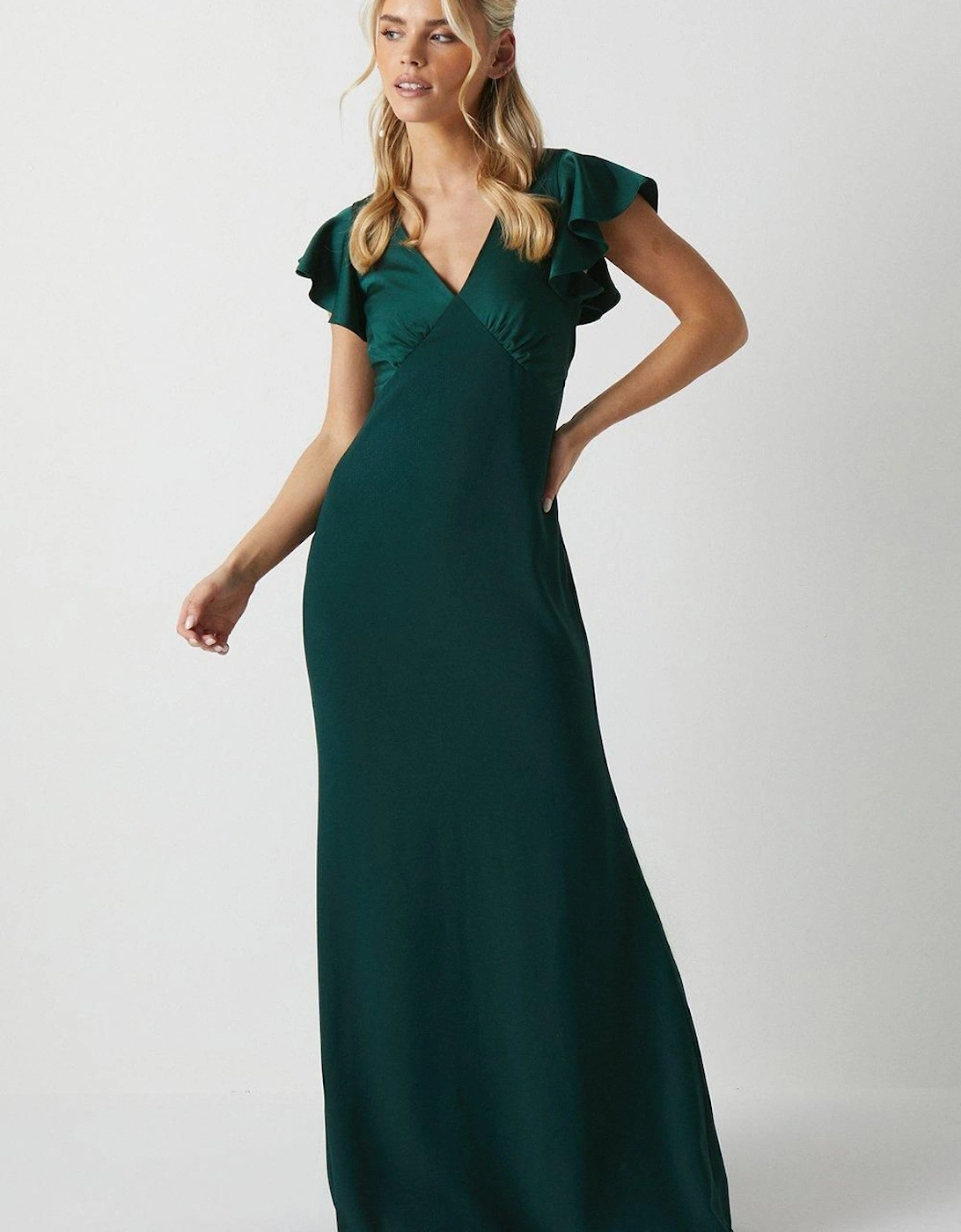 Petite V Neck Angel Sleeve Satin Bridesmaids Dress, 6 of 5