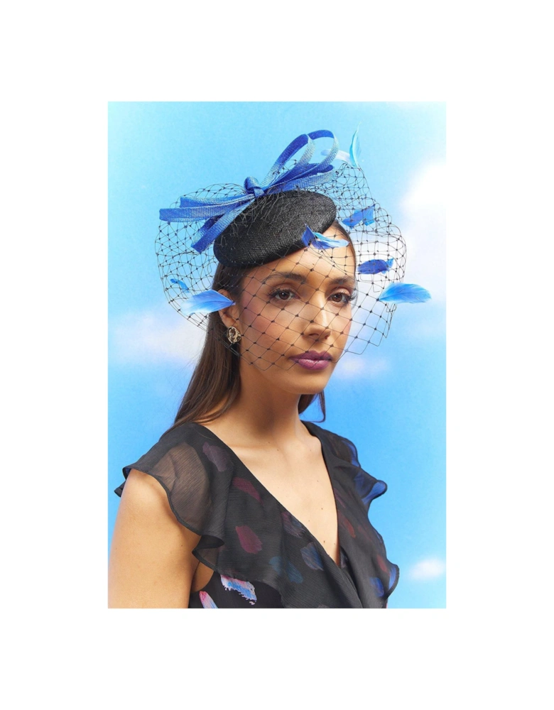 Lisa Tan Bow And Mesh Feather Detail Pillbox Fascinator