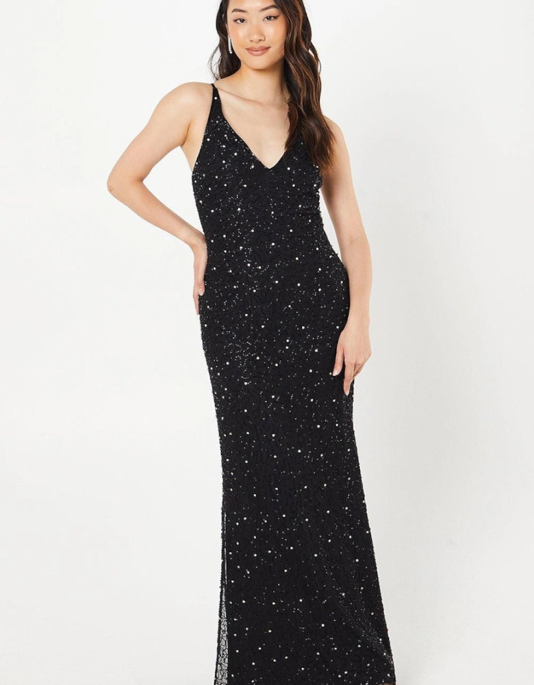 V Neck Strappy Beaded Maxi Dress