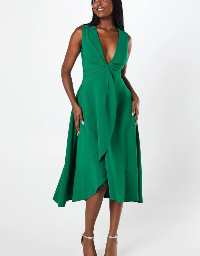 Twist Front Wrap Skirt Crepe Midi Wedding Guest Dress