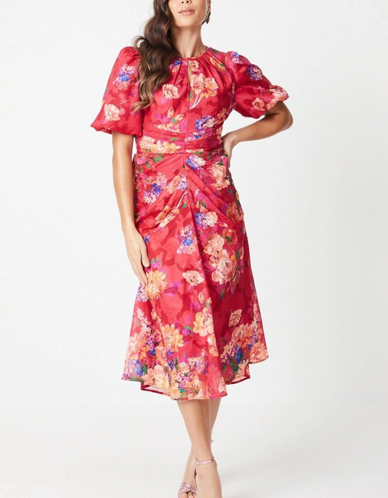 Petite Printed Puff Sleeve Midi Dress