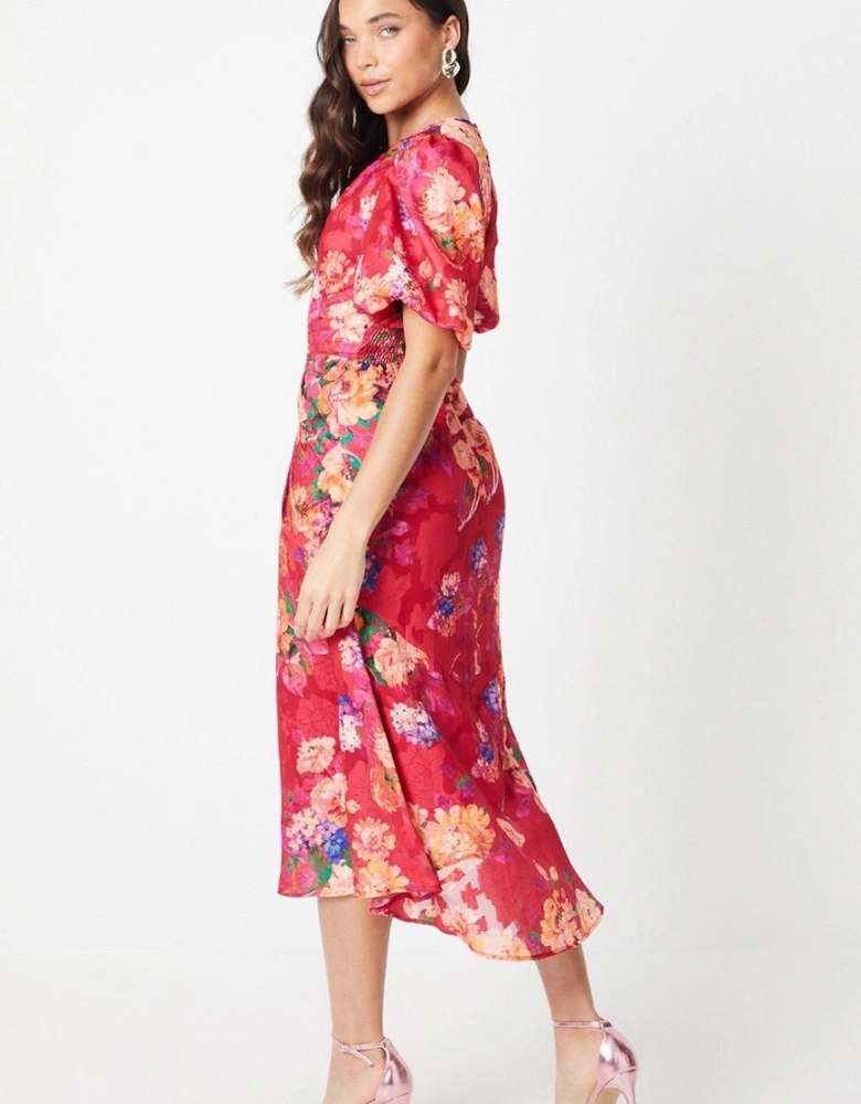 Petite Printed Puff Sleeve Midi Dress