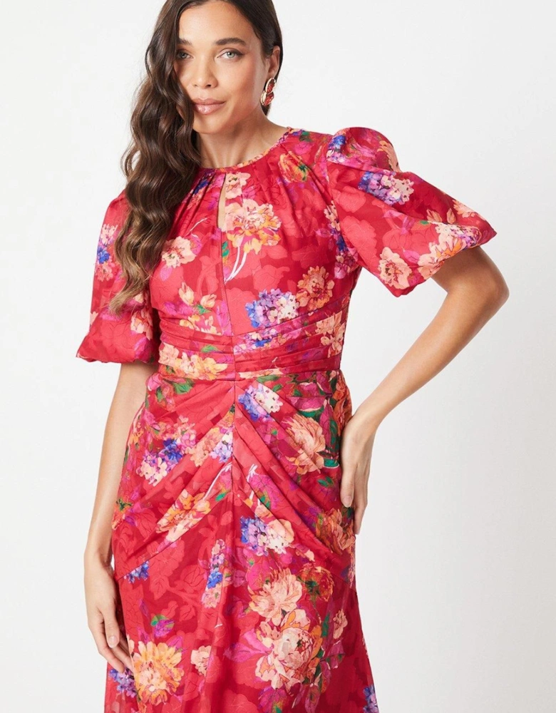 Petite Printed Puff Sleeve Midi Dress