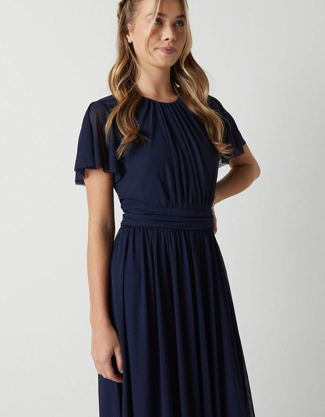 Teen Flutter Sleeve Tie Waist Bridesmaids Dress