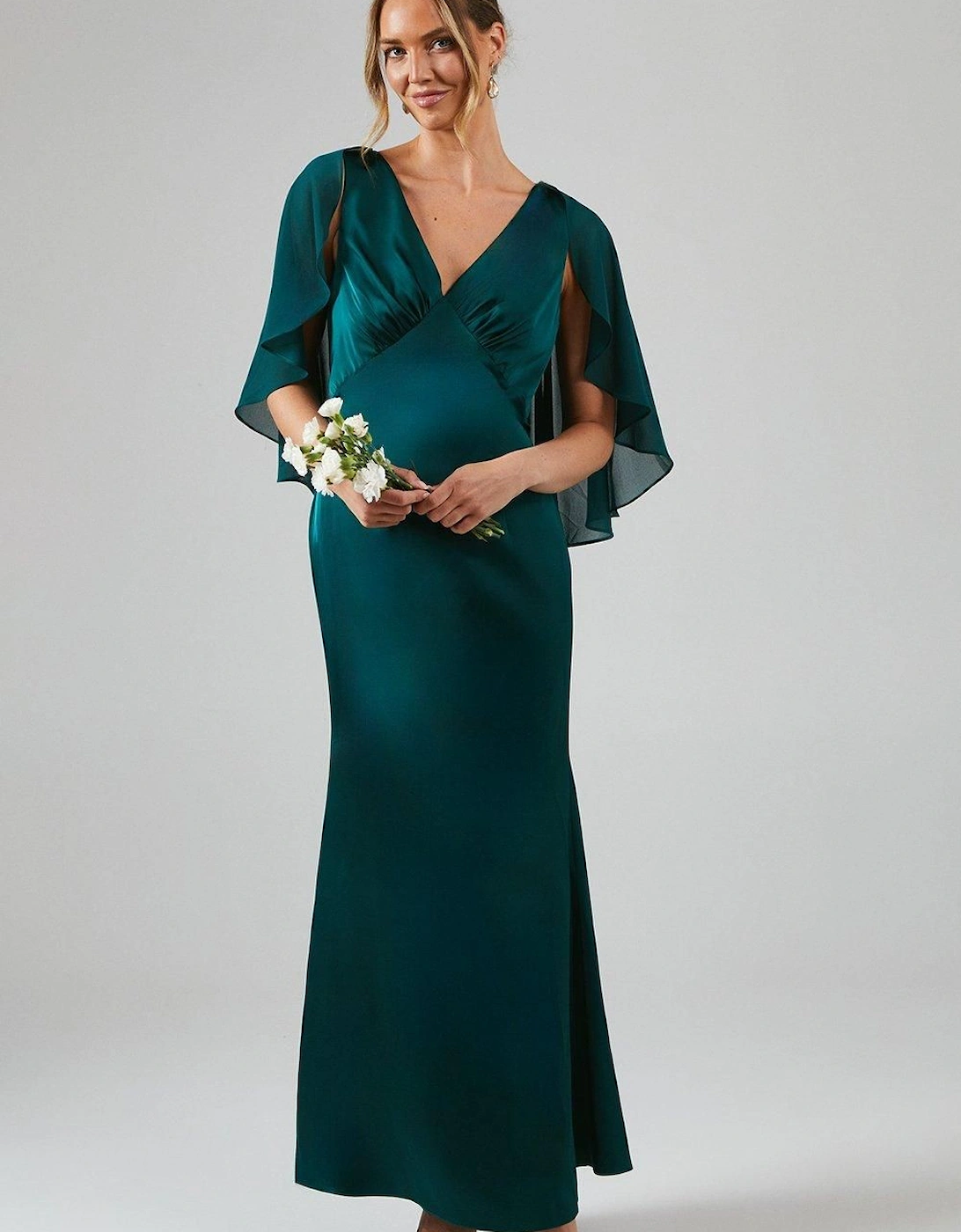 Chiffon Cape Detail Tie Back Satin Bridesmaid Dress, 6 of 5