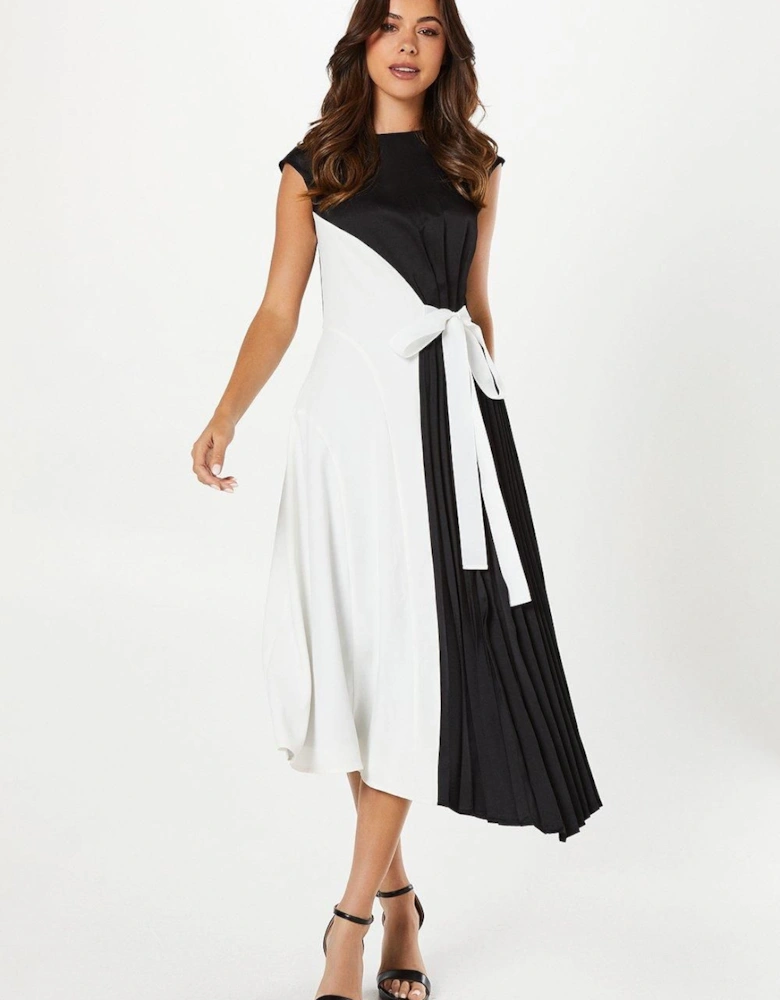 Pleated And Panelled Contrast Tie Satin Midi Dress