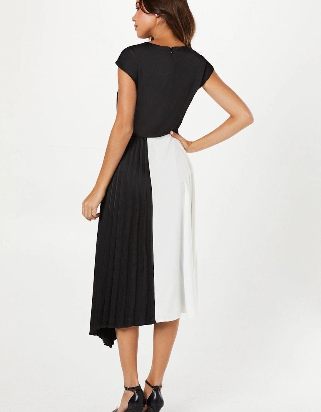 Pleated And Panelled Contrast Tie Satin Midi Wedding Guest Dress