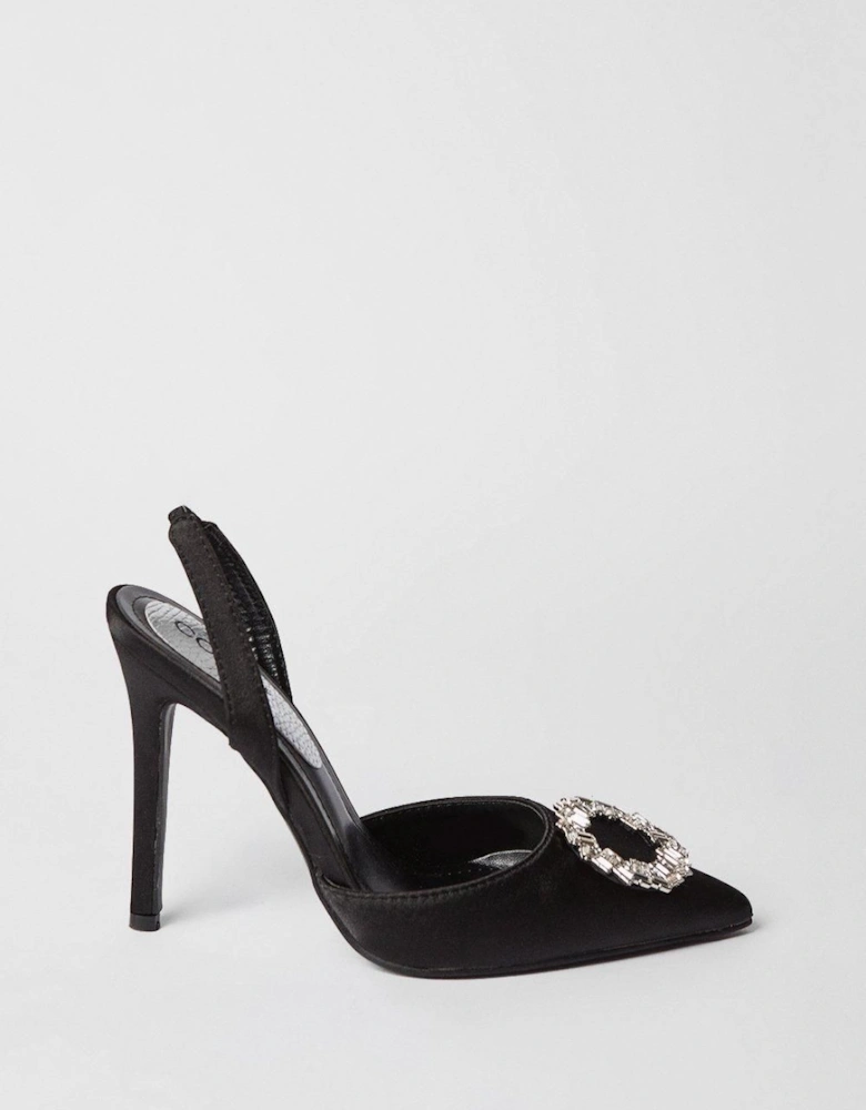 Serenity Satin Brooch Detail High Heel Slingback Court Shoes