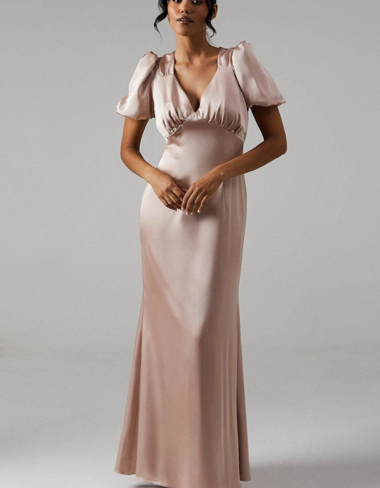 Sweetheart Neckline Puff Sleeve Satin Bridesmaid Maxi Dress