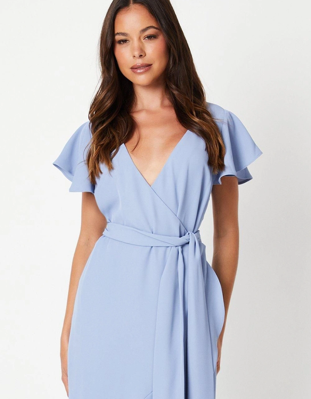 V Neck Ruffle Wrap Wedding Guest Dress