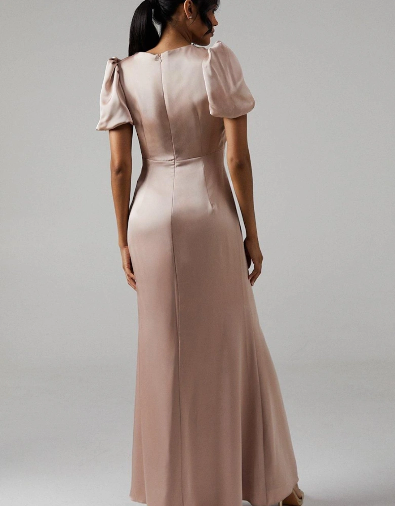 Sweetheart Neckline Puff Sleeve Satin Bridesmaid Maxi Dress