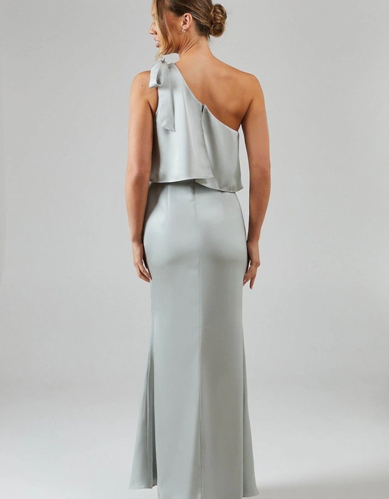 Tie One Shoulder Satin Bridesmaid Maxi Dress