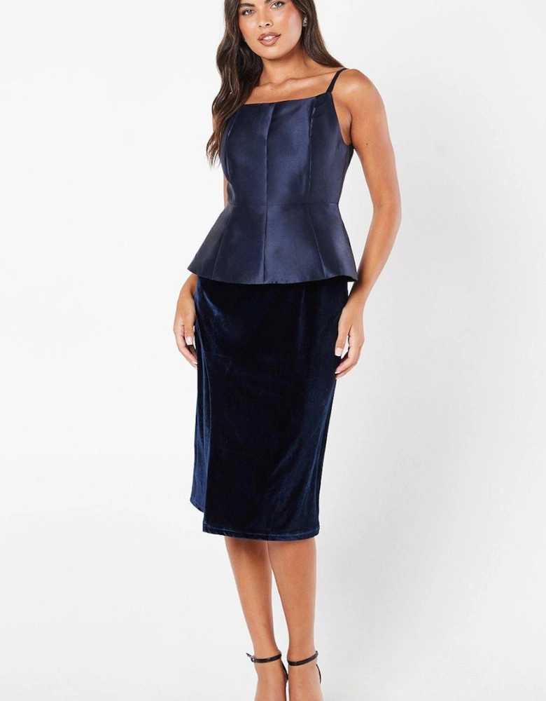 Square Neck Twill Bodice Velvet Skirt Pencil Dress