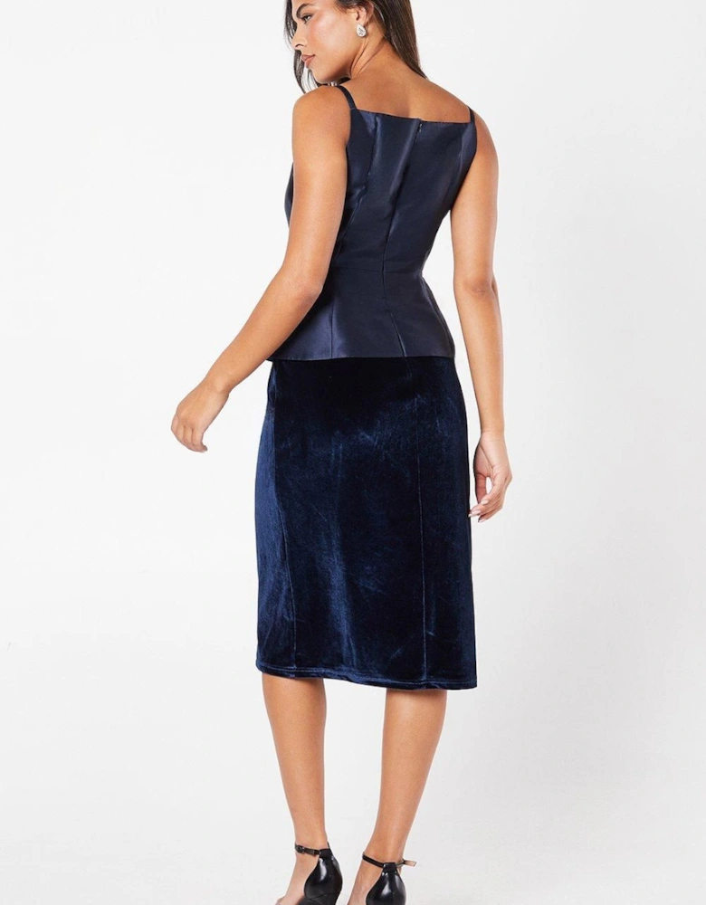 Square Neck Twill Bodice Velvet Skirt Pencil Dress