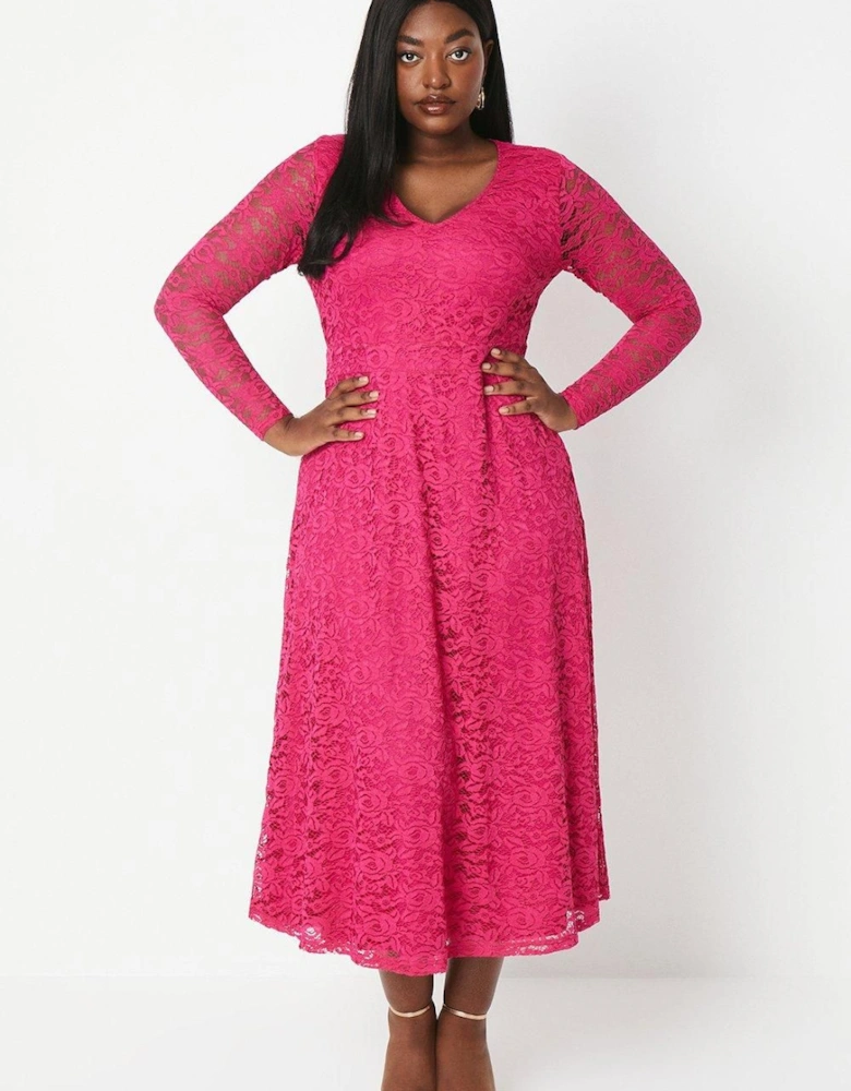 Plus Stretch Lace V Neck Midi Dress