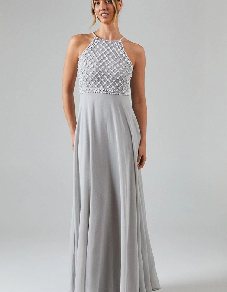 Halterneck Pearl Embellished Georgette Bridesmaid Maxi Dress