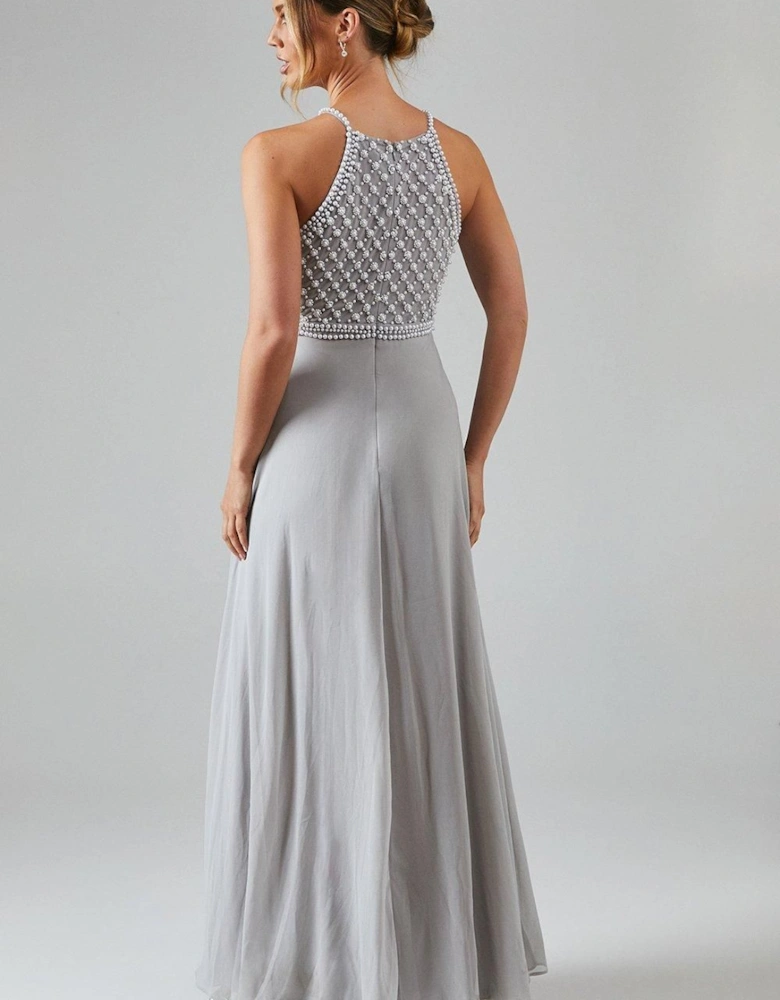 Halterneck Pearl Embellished Georgette Bridesmaid Maxi Dress