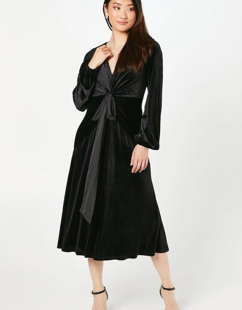 Velvet Long Sleeve Tie Midi Wedding Guest Dress