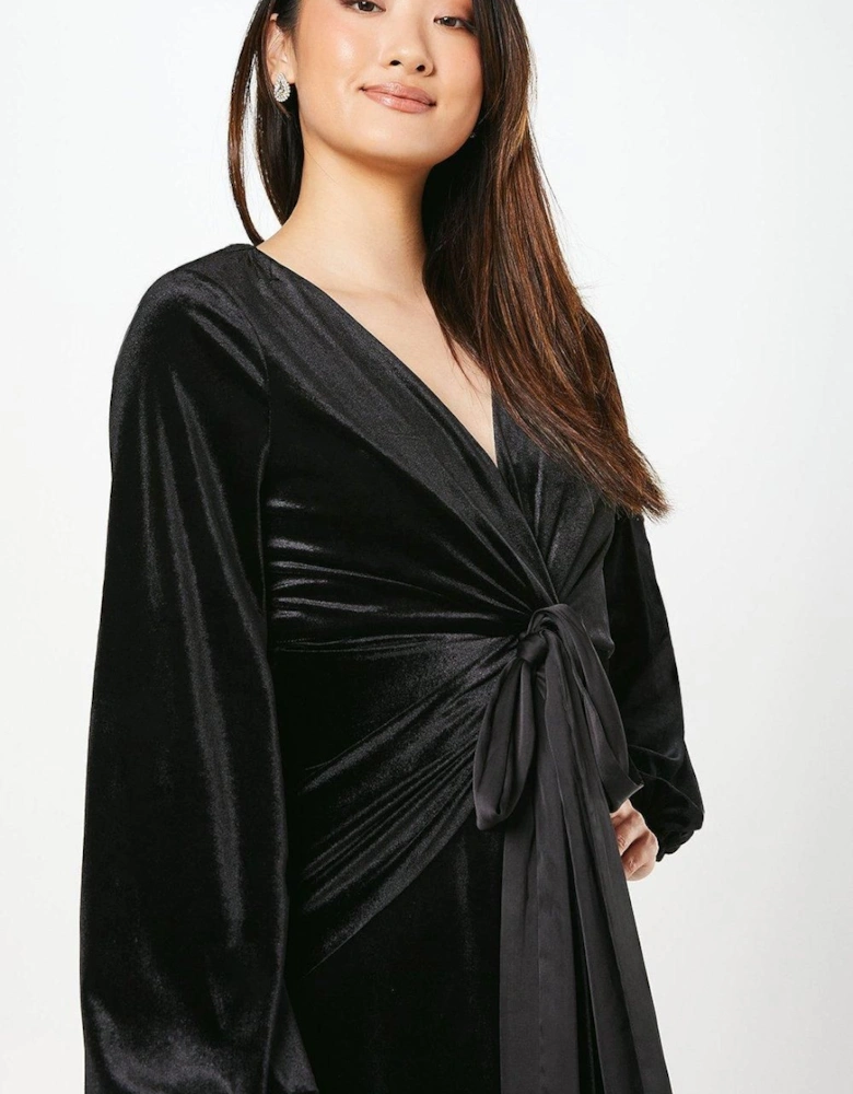 Velvet Long Sleeve Tie Midi Wedding Guest Dress